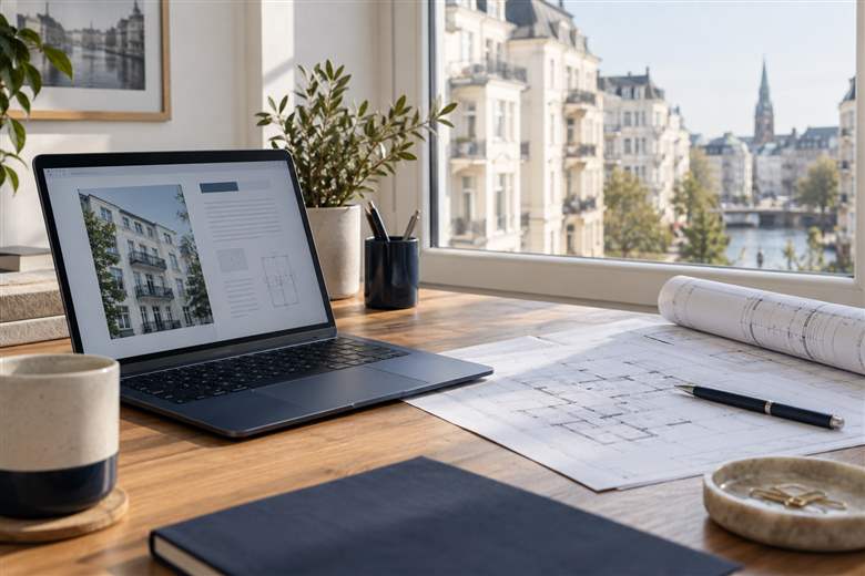 Digitaler Arbeitsplatz mit Immobilienunterlagen – KI-generiertes Symbolbild