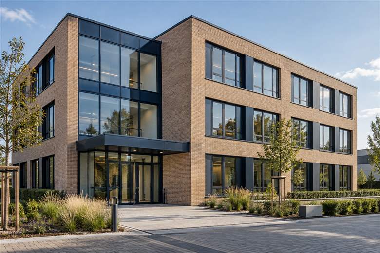 Modernes Gewerbegebäude mit Backstein und großen Fenstern – KI-generiertes Beispielmotiv